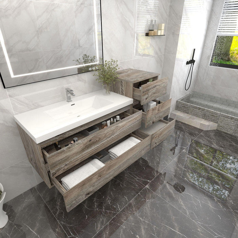 Bow 62" Wall Mounted Bathroom Vanity with Reinforced Acrylic Integrated Sink Top and Linen Cabinet