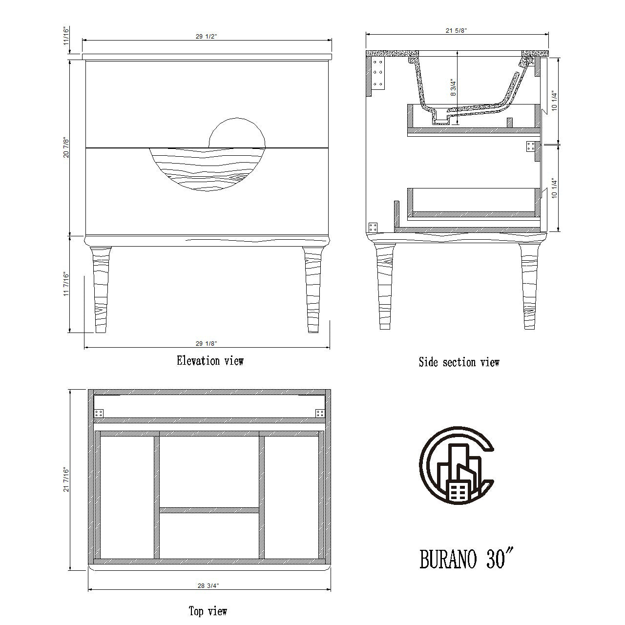 Burano 30" Freestanding Bathroom Vanity with Dark Grey Quartz Top and Ceramic Undermount Sink