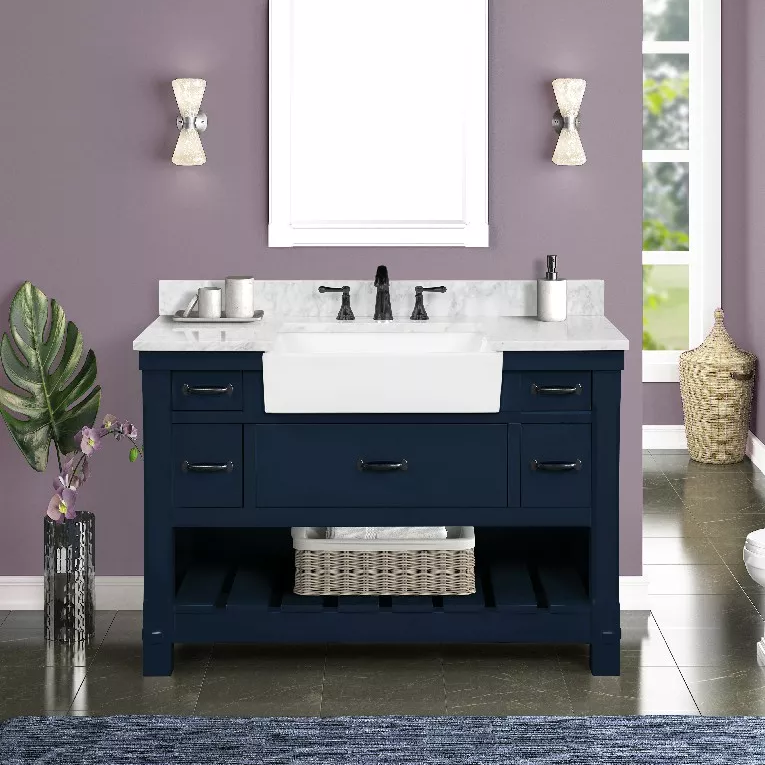 Remington 48" Freestanding Bathroom Vanity with Carrara Engineered Stone Top and Vitreous China Farmhouse Sink