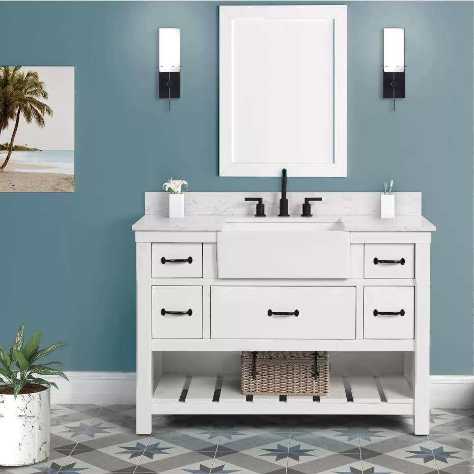 Remington 48" Freestanding Bathroom Vanity with Carrara Engineered Stone Top and Vitreous China Farmhouse Sink