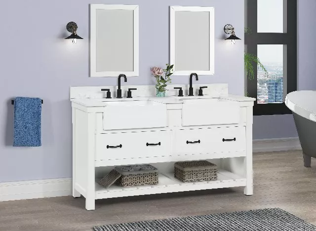 Remington 60" Freestanding Bathroom Vanity with Carrara Engineered Stone Top and Vitreous China Farmhouse Sinks