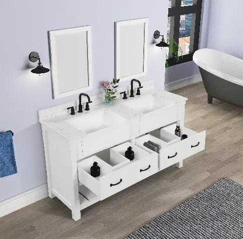 Remington 60" Freestanding Bathroom Vanity with Carrara Engineered Stone Top and Vitreous China Farmhouse Sinks