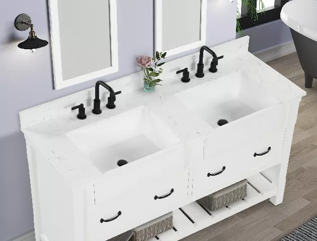 Remington 60" Freestanding Bathroom Vanity with Carrara Engineered Stone Top and Vitreous China Farmhouse Sinks