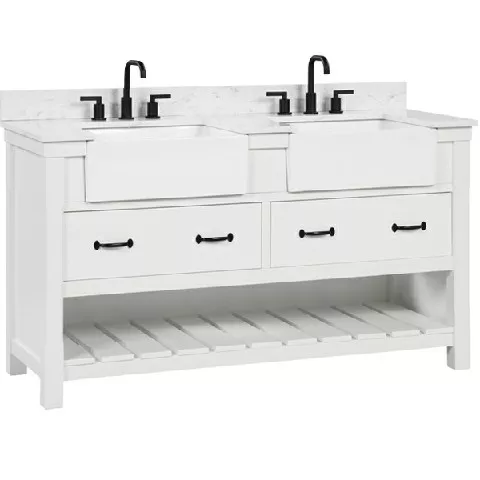 Remington 60" Freestanding Bathroom Vanity with Carrara Engineered Stone Top and Vitreous China Farmhouse Sinks