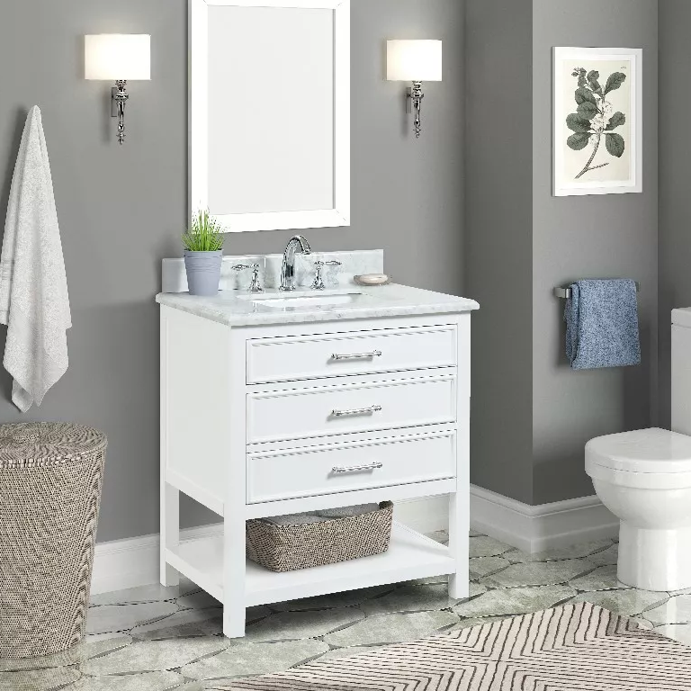 Long Island 30" Freestanding Bathroom Vanity with Natural Carrara Marble Top and Vitreous China Undermount Sink