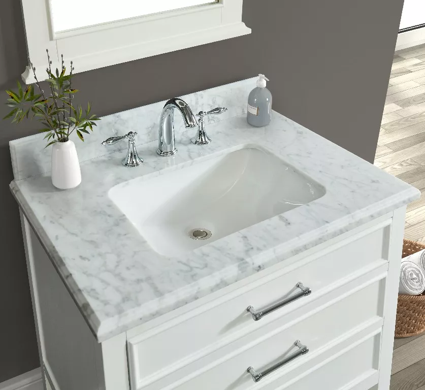Long Island 30" Freestanding Bathroom Vanity with Natural Carrara Marble Top and Vitreous China Undermount Sink