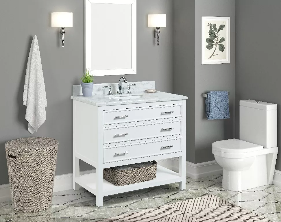 Long Island 36" Freestanding Bathroom Vanity with Natural Carrara Marble Top and Vitreous China Undermount Sink