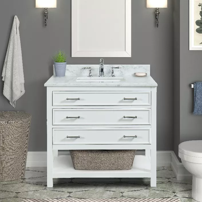 Long Island 36" Freestanding Bathroom Vanity with Natural Carrara Marble Top and Vitreous China Undermount Sink