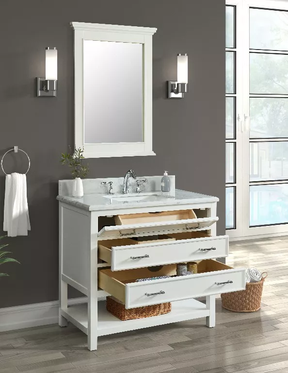 Long Island 36" Freestanding Bathroom Vanity with Natural Carrara Marble Top and Vitreous China Undermount Sink