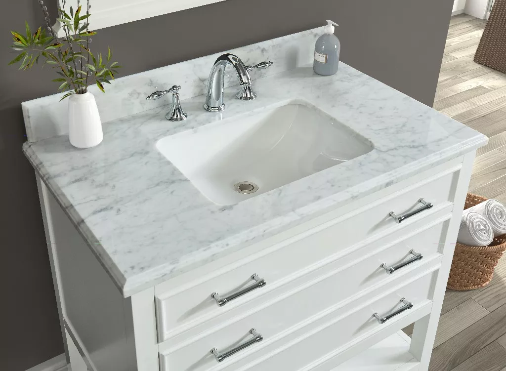 Long Island 36" Freestanding Bathroom Vanity with Natural Carrara Marble Top and Vitreous China Undermount Sink