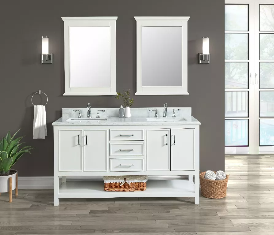 Long Island 60" Freestanding Bathroom Vanity with Natural Carrara Marble Top and Vitreous China Undermount Sinks
