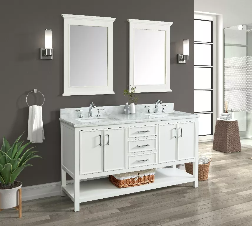 Long Island 60" Freestanding Bathroom Vanity with Natural Carrara Marble Top and Vitreous China Undermount Sinks