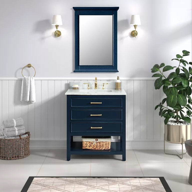 Long Island 30" Freestanding Bathroom Vanity with Natural Carrara Marble Top and Vitreous China Undermount Sink