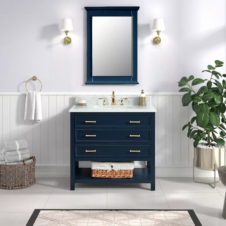 Long Island 36" Freestanding Bathroom Vanity with Natural Carrara Marble Top and Vitreous China Undermount Sink