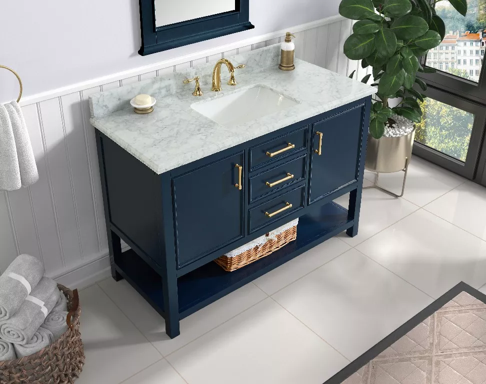 Long Island 48" Freestanding Bathroom Vanity with Natural Carrara Marble Top and Vitreous China Undermount Sink