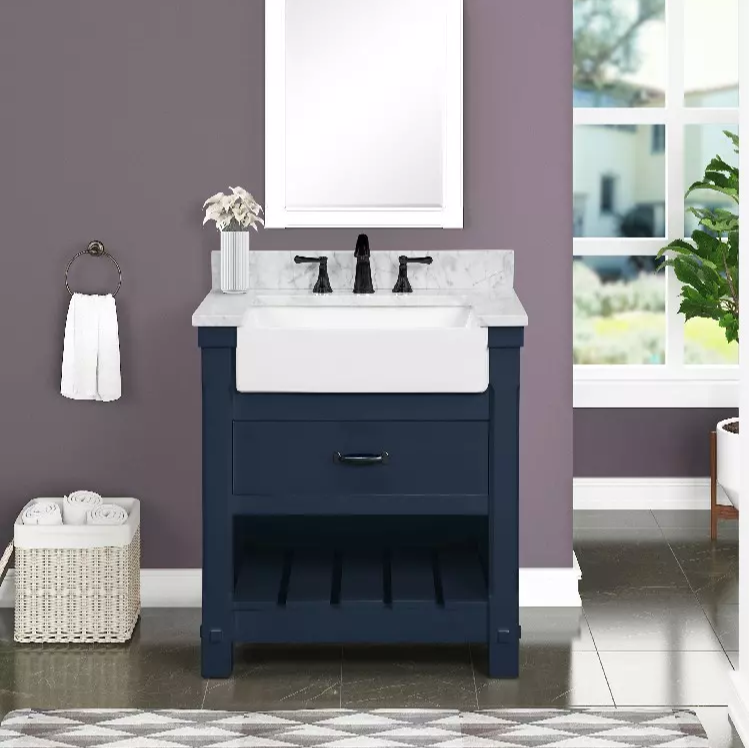 Remington 30" Freestanding Bathroom Vanity with Carrara Engineered Stone Top and Vitreous China Farmhouse Sink