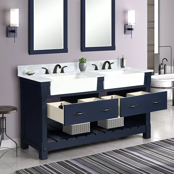 Remington 60" Freestanding Bathroom Vanity with Carrara Engineered Stone Top and Vitreous China Farmhouse Sinks