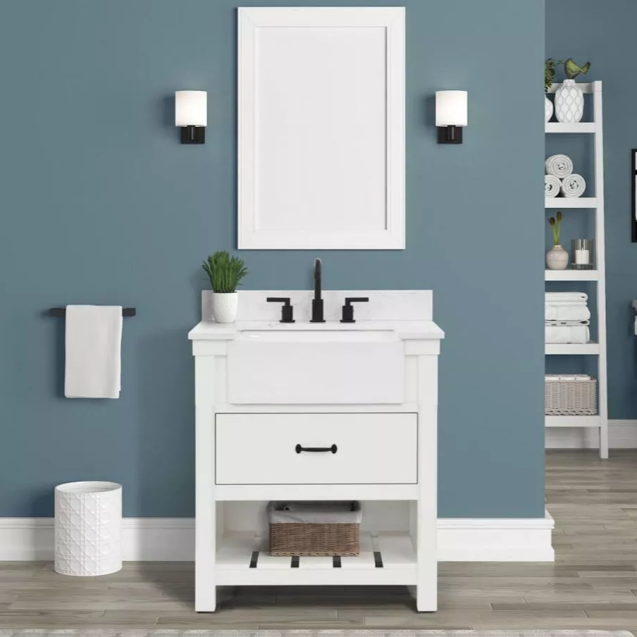 Remington 30" Freestanding Bathroom Vanity with Carrara Engineered Stone Top and Vitreous China Farmhouse Sink