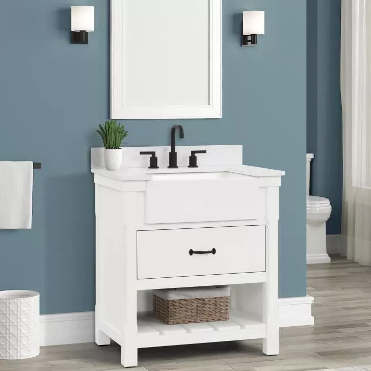 Remington 30" Freestanding Bathroom Vanity with Carrara Engineered Stone Top and Vitreous China Farmhouse Sink