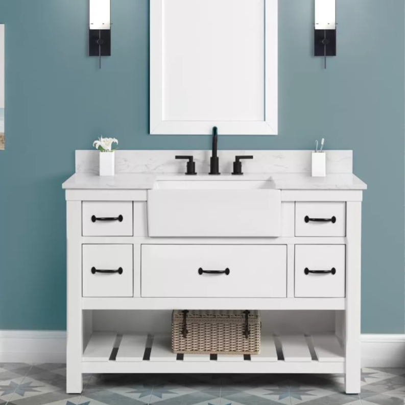 Remington 48" Freestanding Bathroom Vanity with Carrara Engineered Stone Top and Vitreous China Farmhouse Sink