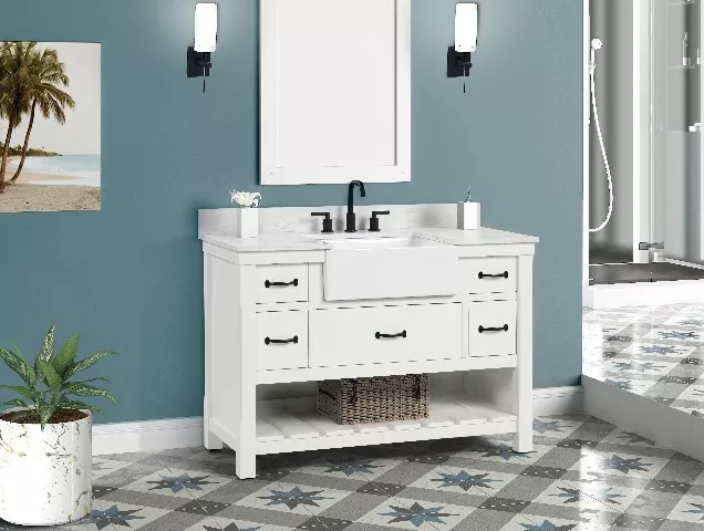 Remington 48" Freestanding Bathroom Vanity with Carrara Engineered Stone Top and Vitreous China Farmhouse Sink