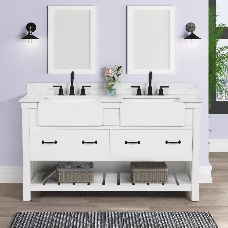 Remington 60" Freestanding Bathroom Vanity with Carrara Engineered Stone Top and Vitreous China Farmhouse Sinks