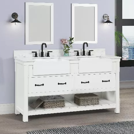 Remington 60" Freestanding Bathroom Vanity with Carrara Engineered Stone Top and Vitreous China Farmhouse Sinks