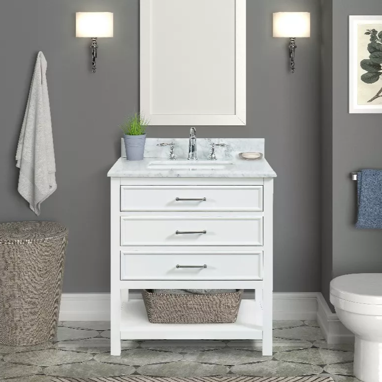 Long Island 30" Freestanding Bathroom Vanity with Natural Carrara Marble Top and Vitreous China Undermount Sink