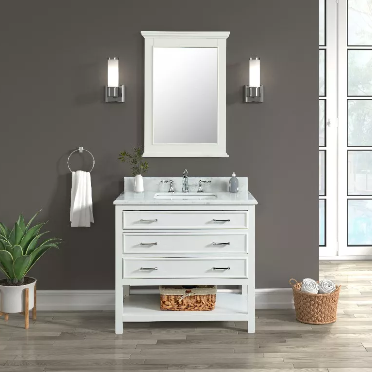 Long Island 36" Freestanding Bathroom Vanity with Natural Carrara Marble Top and Vitreous China Undermount Sink