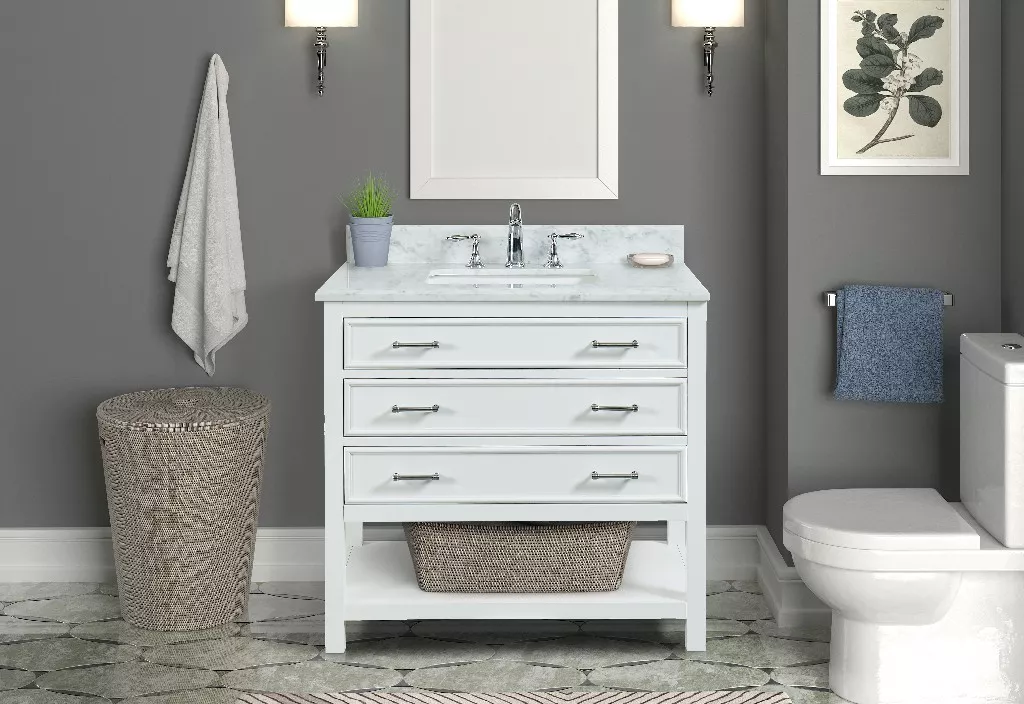 Long Island 36" Freestanding Bathroom Vanity with Natural Carrara Marble Top and Vitreous China Undermount Sink