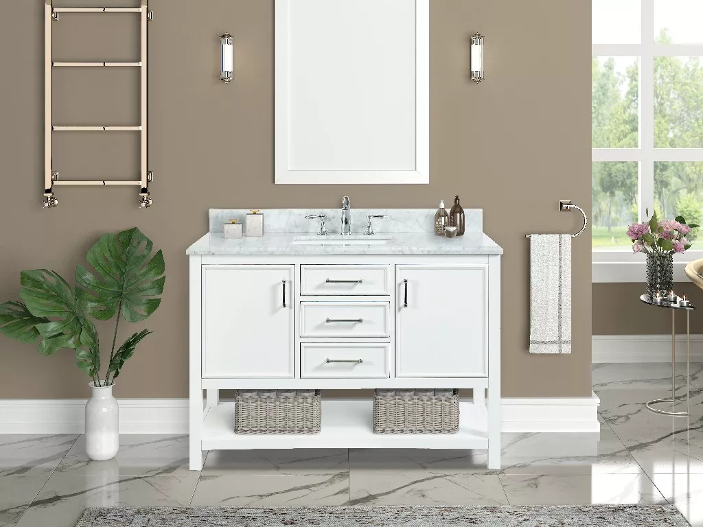 Long Island 48" Freestanding Bathroom Vanity with Natural Carrara Marble Top and Vitreous China Undermount Sink