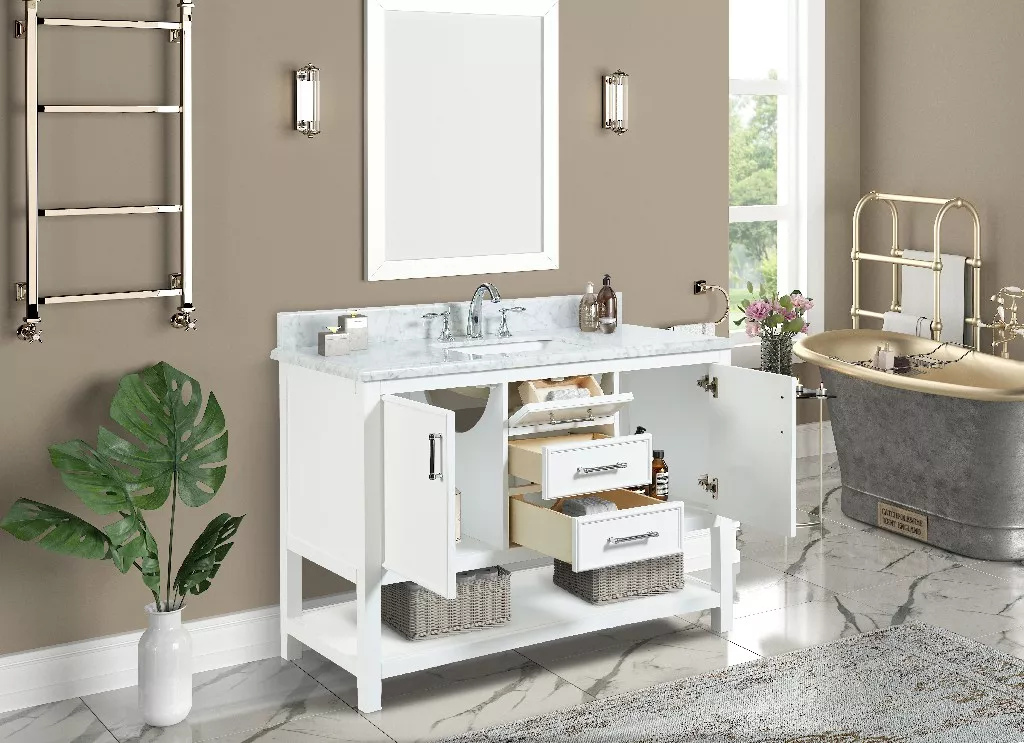 Long Island 48" Freestanding Bathroom Vanity with Natural Carrara Marble Top and Vitreous China Undermount Sink
