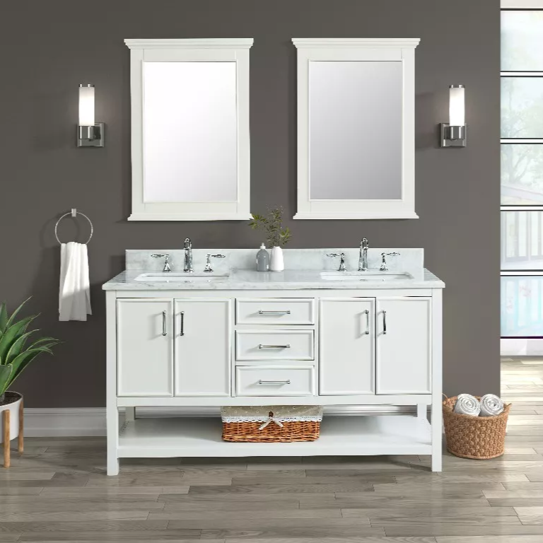 Long Island 60" Freestanding Bathroom Vanity with Natural Carrara Marble Top and Vitreous China Undermount Sinks