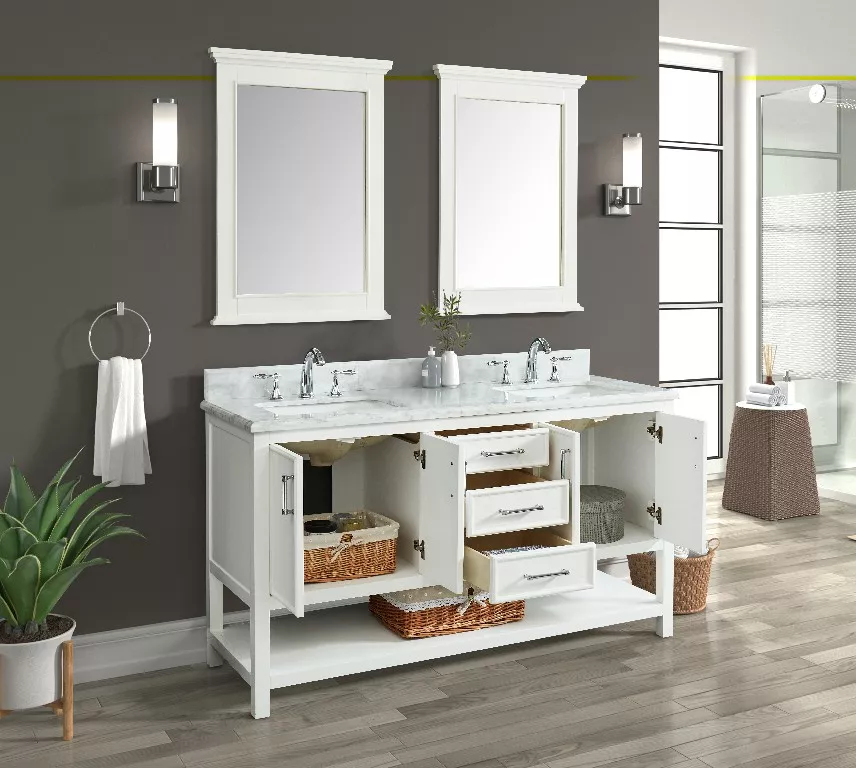 Long Island 60" Freestanding Bathroom Vanity with Natural Carrara Marble Top and Vitreous China Undermount Sinks