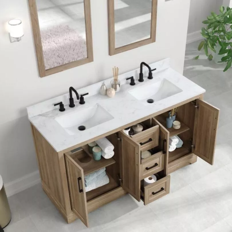 Stratford 60" Freestanding Bathroom Vanity with Carrara Engineered Stone Top and Vitreous China Undermount Sink