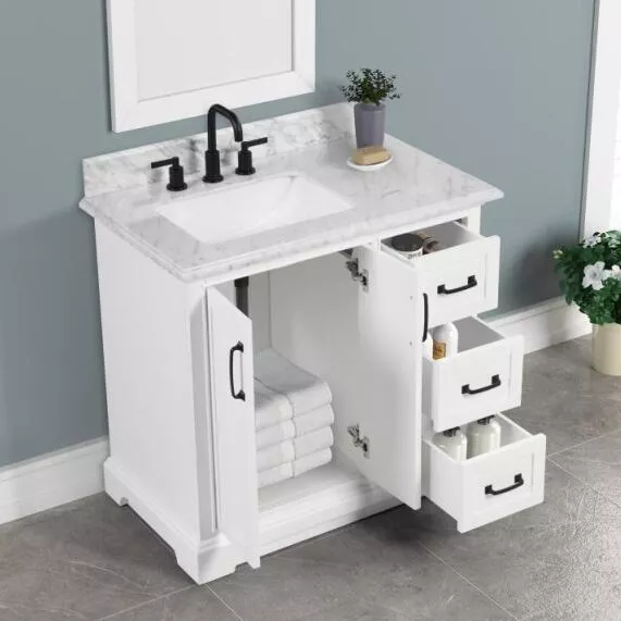 Ethel 36" Freestanding Bathroom Vanity with Natural Carrara Marble Top and Vitreous China Undermount Sink