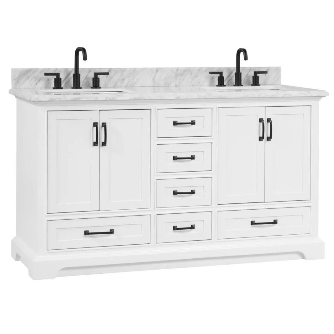 Ethel 60" Freestanding Bathroom Vanity with Natural Carrara Marble Top and Vitreous China Undermount Sinks
