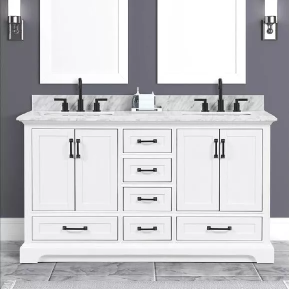 Ethel 60" Freestanding Bathroom Vanity with Natural Carrara Marble Top and Vitreous China Undermount Sinks