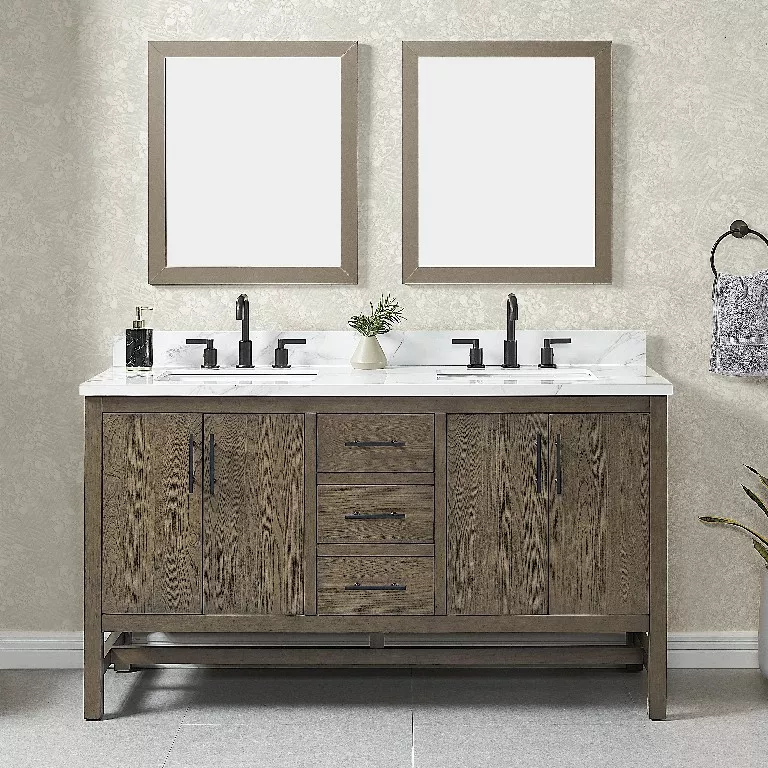 Thales 60" Freestanding Bathroom Vanity with Calacatta Sintered Stone Top and Vitreous China Undermount Sinks