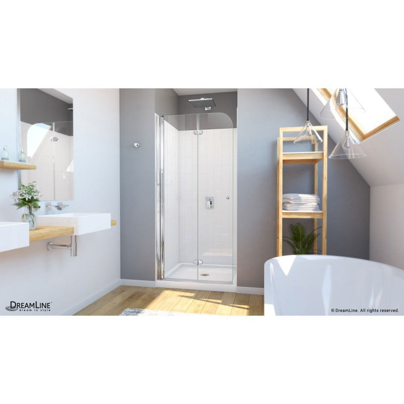Aqua Frameless Bi-Fold Shower Door Kit with Subway Style Wall and Shower Base Pan