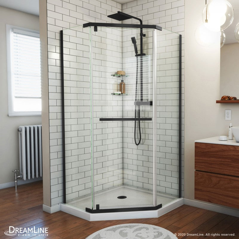 Prism Frameless Neo-Angle Pivot Shower Door for Corner Enclosure Kit with White Shower Base Pan and Corner Drain