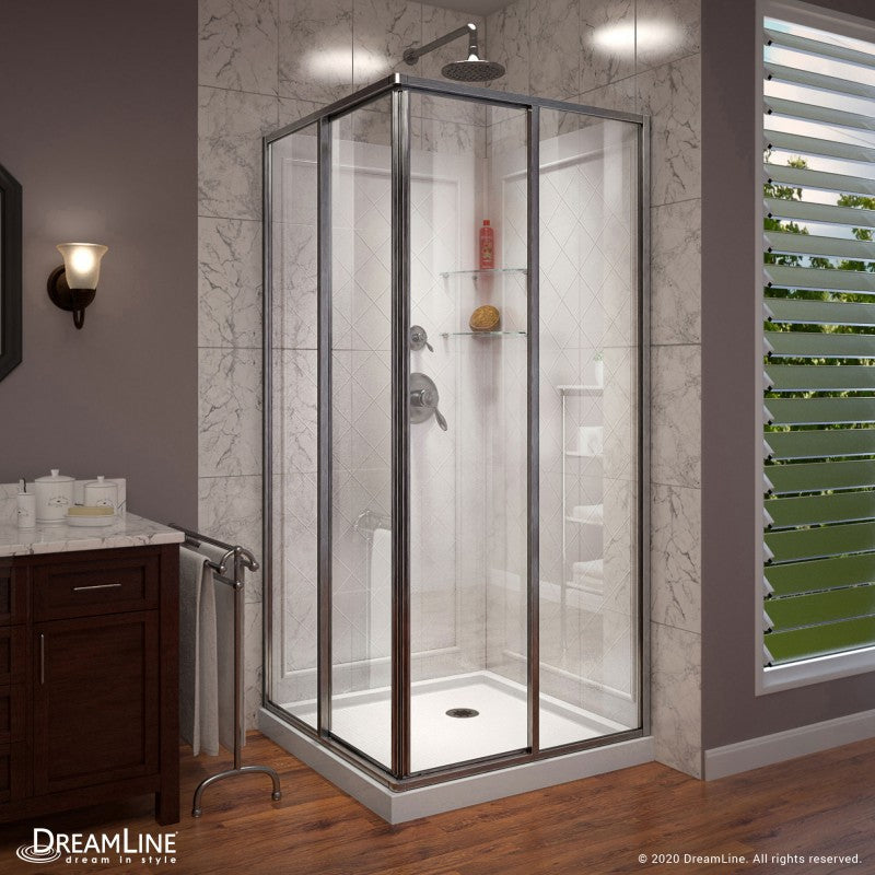 Cornerview Framed Corner Enclosure Center Sliding Shower Door Kit with Diamond Style Wall and White Shower Base Pan