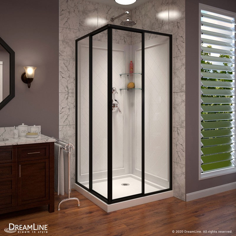 Cornerview Framed Corner Enclosure Center Sliding Shower Door Kit with Diamond Style Wall and White Shower Base Pan