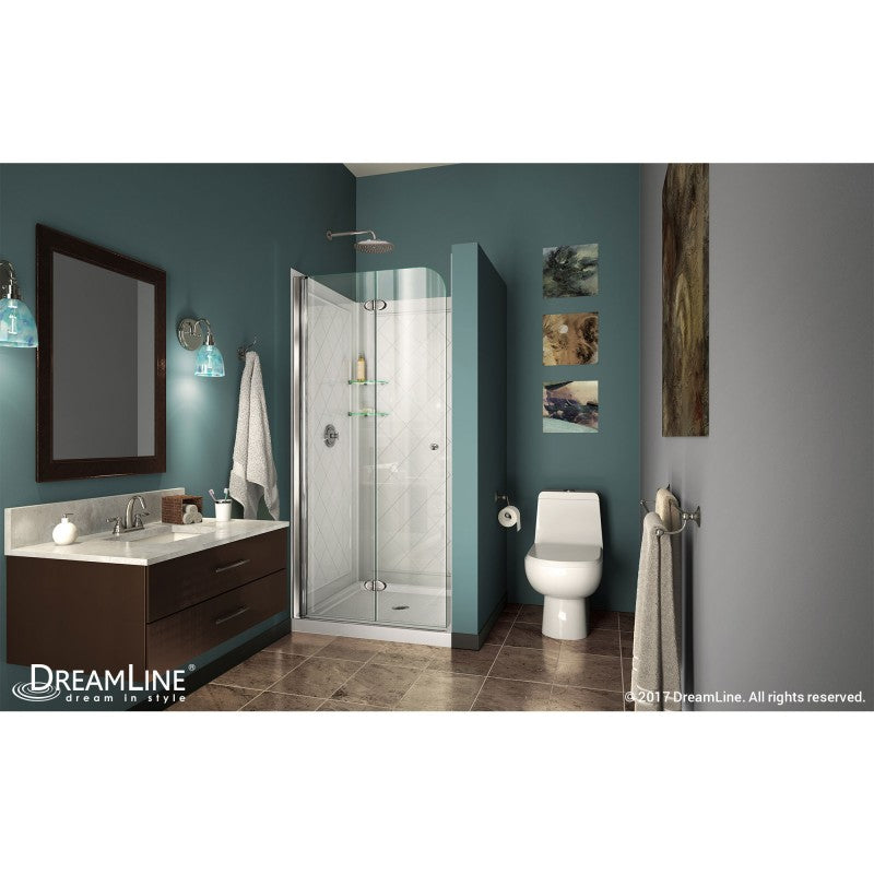 Aqua Frameless Bi-Fold Shower Door Kit with Diamond Style Wall and Shower Base Pan