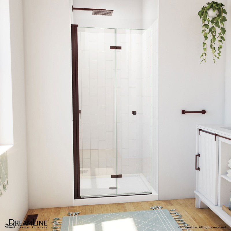 Aqua-Q Frameless Bi-Fold Shower Door Kit with Subway Style Wall and White Shower Base Pan