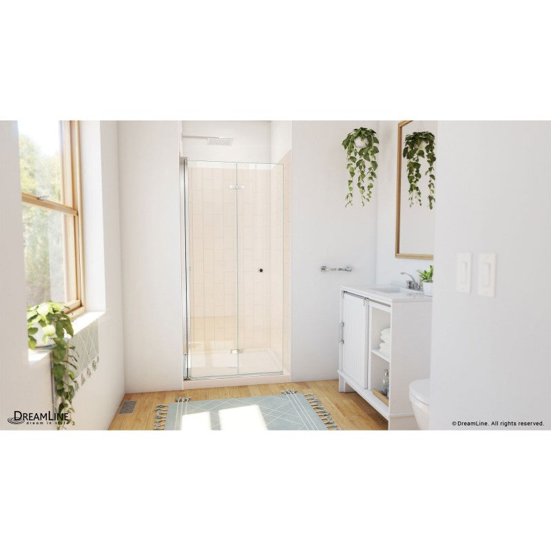 Aqua-Q Frameless Bi-Fold Shower Door Kit with Subway Style Wall and Biscuit Shower Base Pan