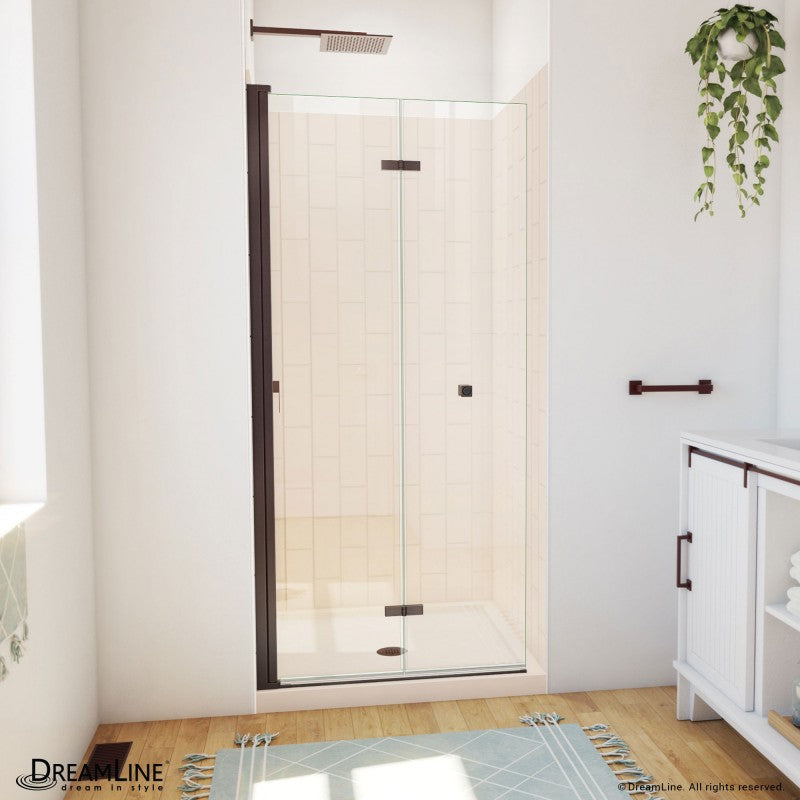 Aqua-Q Frameless Bi-Fold Shower Door Kit with Subway Style Wall and Biscuit Shower Base Pan