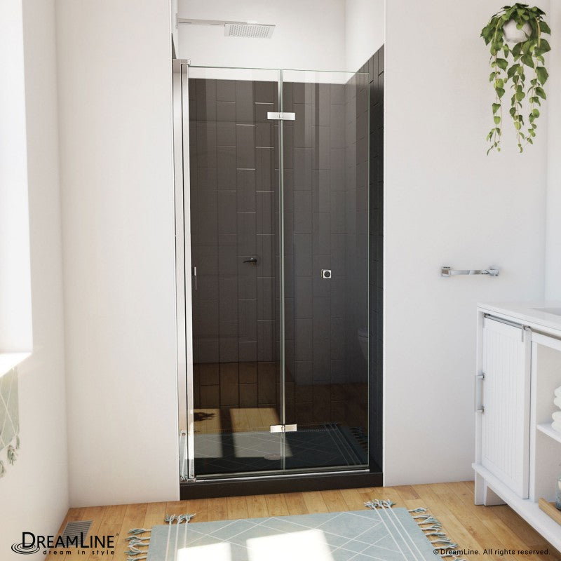 Aqua-Q Frameless Bi-Fold Shower Door Kit with Subway Style Wall and Black Shower Base Pan