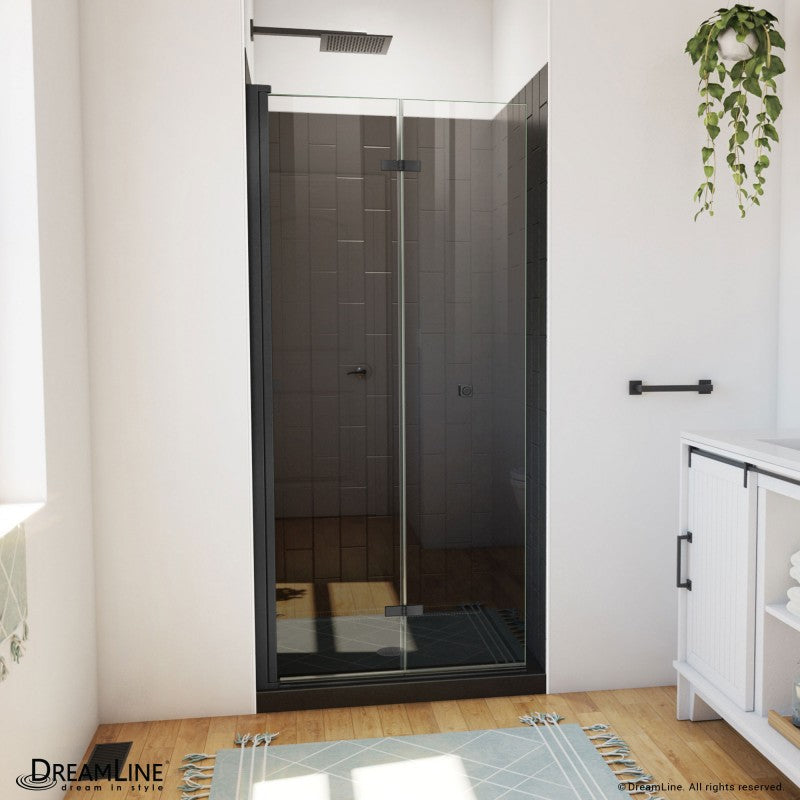 Aqua-Q Frameless Bi-Fold Shower Door Kit with Subway Style Wall and Black Shower Base Pan
