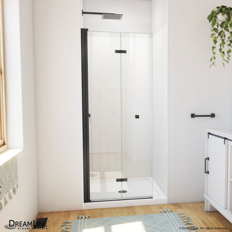 Aqua-Q Frameless Bi-Fold Shower Door Kit with Subway Style Wall and White Shower Base Pan
